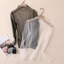 Women Sexy Mesh See Through T Shirt  Long Sleeve Hollow Out Blouse Summer Transparent Sheer Tank Crop Top Vest Cover Up