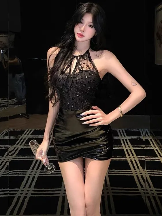 

American Style Heavy Work Diamond Lace Neck Hanging Dress Women's plus Size Autumn Slimming Black Leather Skirt Dress