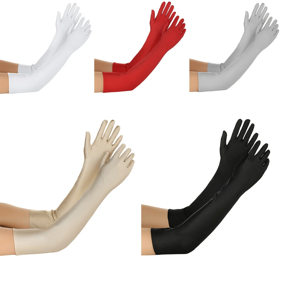 1 Pair Women's Elegant Long-Finger Gloves - Elastic Stretch, 6 Solid Colors (White/Red/Gray/Beige/Black/Brown)