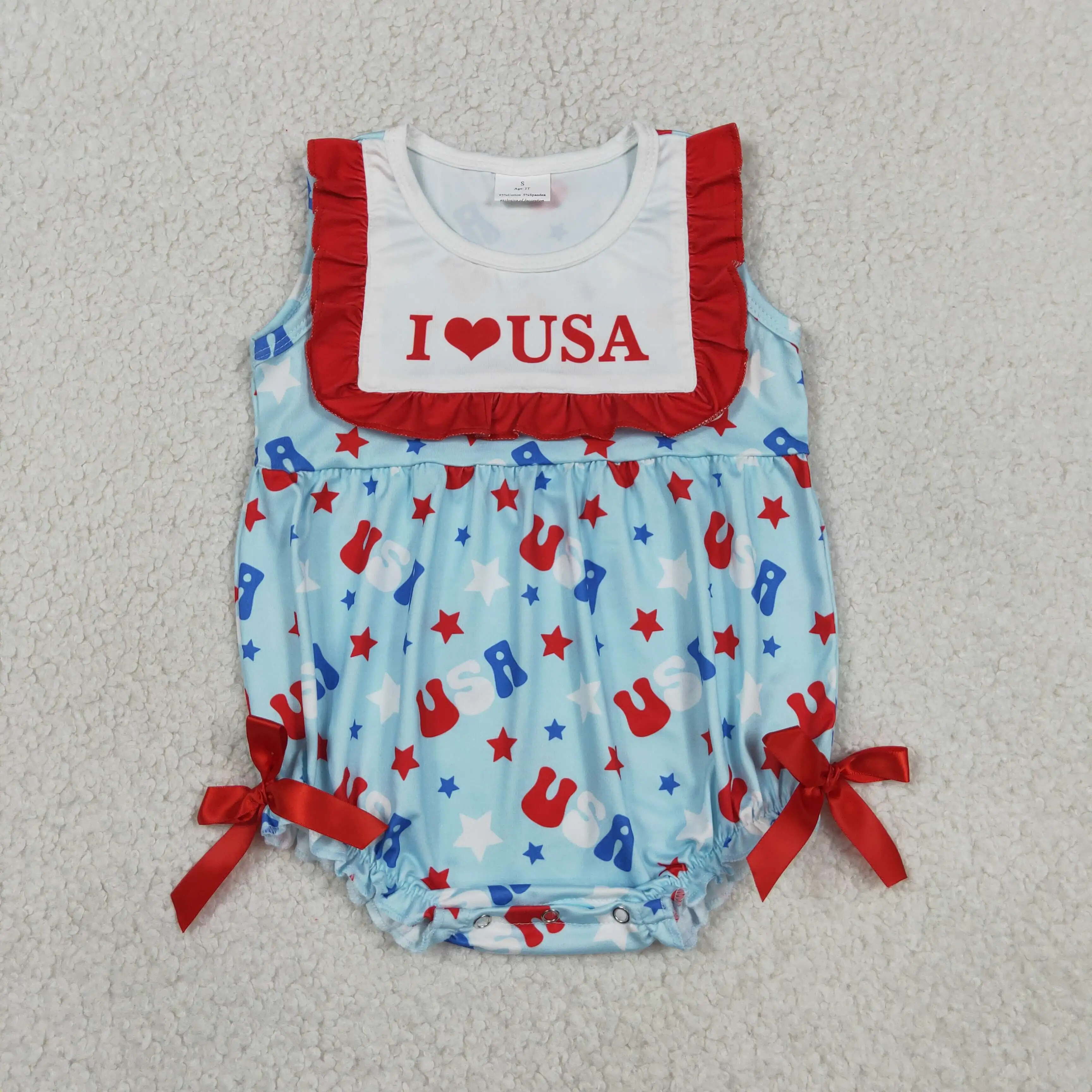 Wholesale Toddler Girls July 4th Newborn Children Clothes Stars Bows Overall Baby Girl Infant Sleeveless Summer Bubble Romper