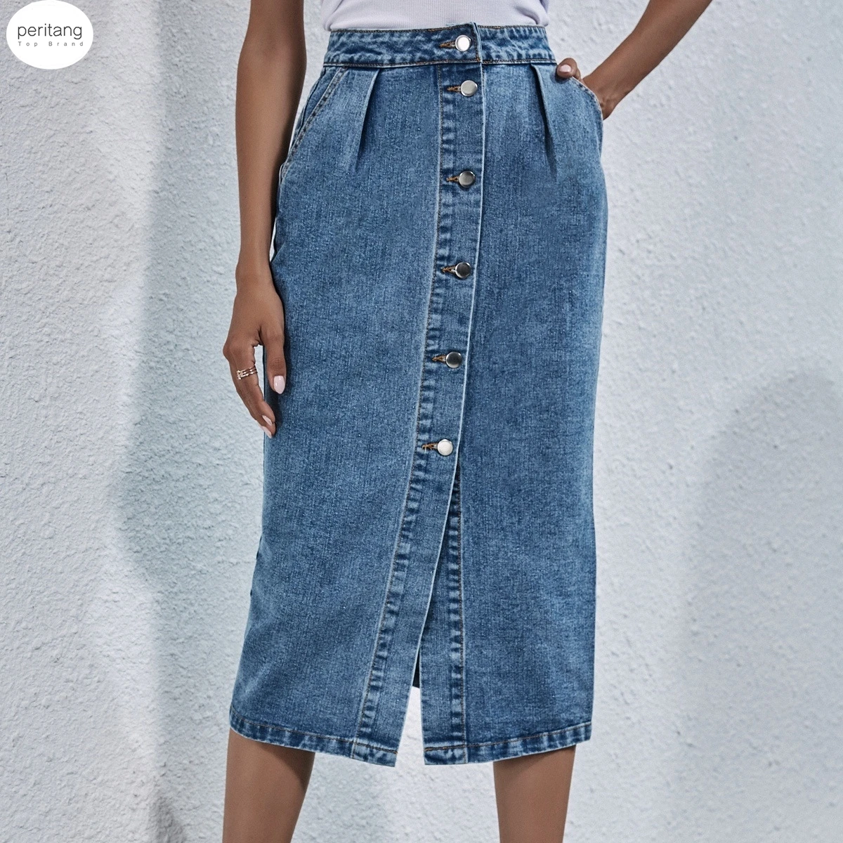 

PERITANG Blue Denim Midi Skirt Summer Women High Waisted Button Up With Pockets Ladies Washed Vintage Streetwear Slit Jean Skirt