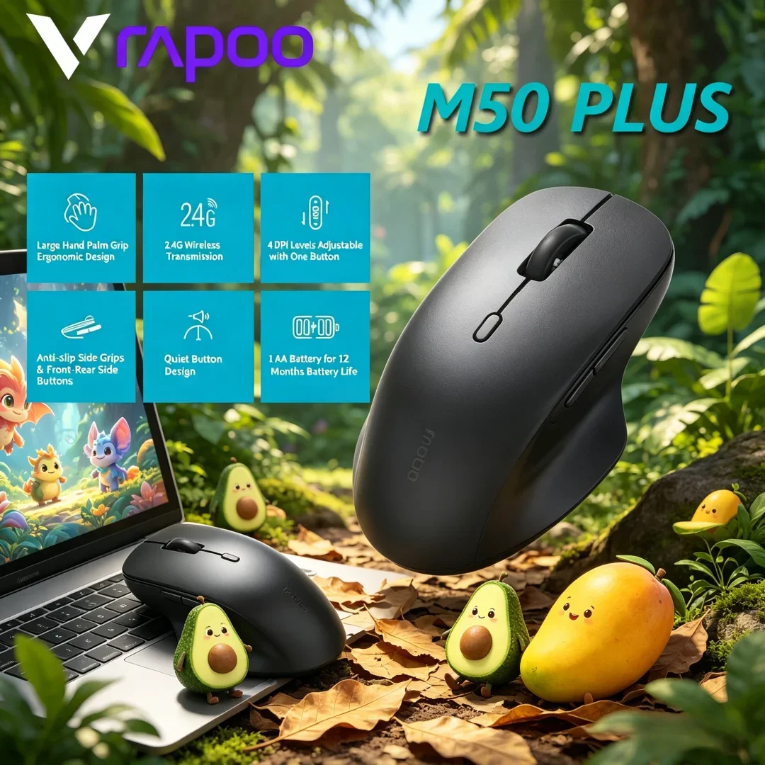 

Rapoo M50 PLUS Silent 2.4G Wireless Mouse Optical Ergonomic Peripheral Crafted For Large Palm For Business Usage,600 DPI Switch