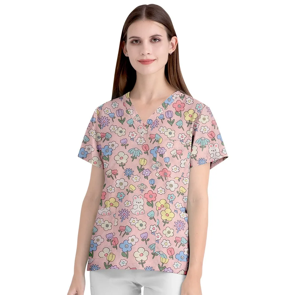 Cartoon Printed Nurse Uniform Surgical Uniform Protective Work Uniform V-neck Short-sleeved Cotton T-shirt Top Popular V-neck