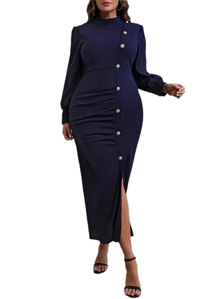 Plus Size Autumn Long Split Dress Women Ruffle Pleated Fashion Slim High Waist Bodycon Ladies Dresses Long Sleeve Woman Dress