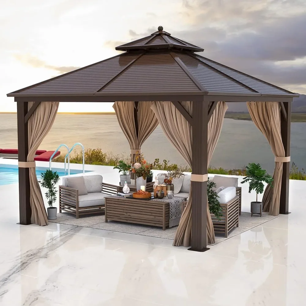 12'x12' Hardtop Gazebo with Galvanized Steel Double Roof, Netting and Curtains Included, Metal Outdoor Gazebos