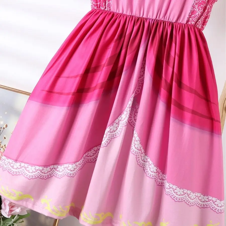 Mädchen Prinzessinnenkleid in Rosa-Pfirsich mit Rüschenärmeln für Kindergeburtstage und coole Feiertage – Detail 6