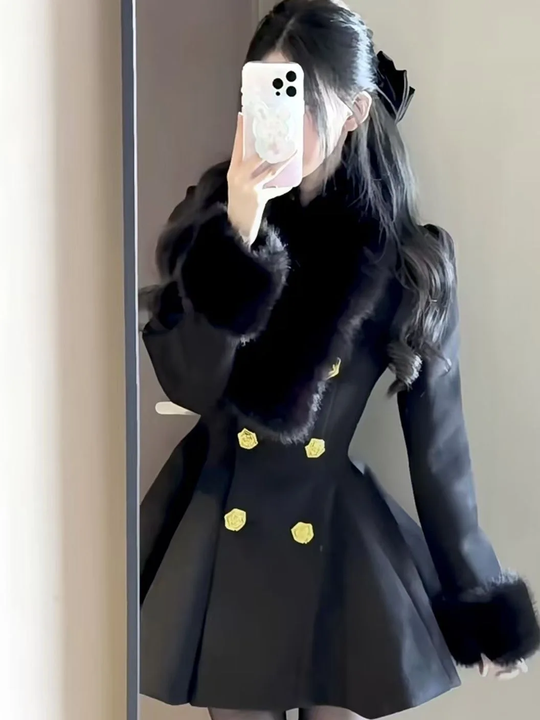 

Ele Bla Woolen Coat Women's Winter Faion High Waist Dr with Fur Collar Long Sve V-Ne Luxury Feel Outerwear