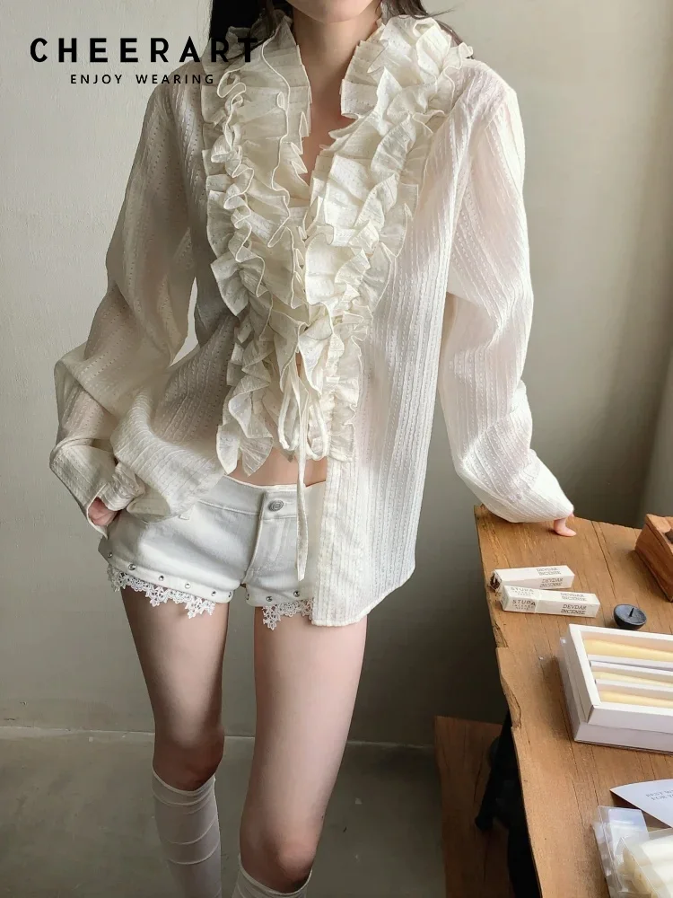 

CHEERART Fall 2025 Fashion Woman Ruffles Sheer Long Sleeve Shirt For Woman Designer Top And Blouse Cute Shirts New Arrivals