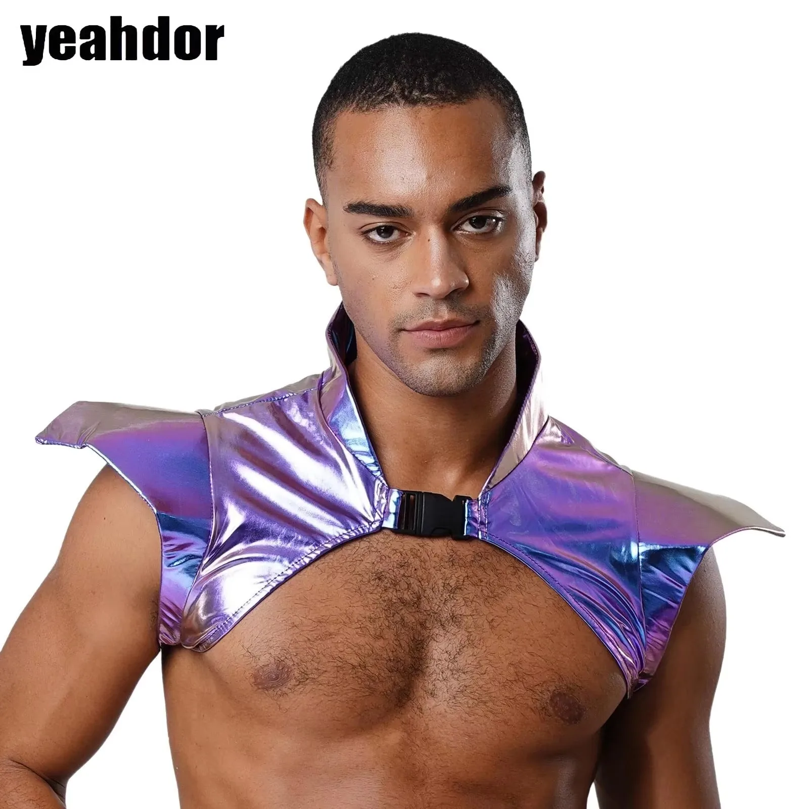

Men Shiny Metallic Gothic Armor Shrug Crop Top Steampunk Gothic Shoulder Epaulet Collar Pauldron Armour Halloween Party Costume