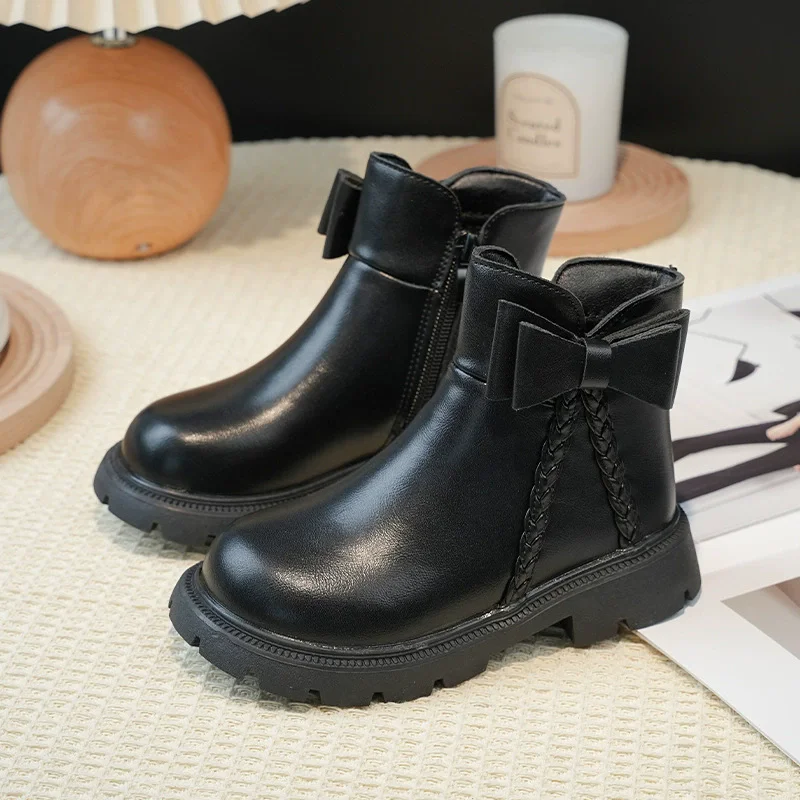 Girls Snow Boots Bow-knot Princess Ankle Boots for Children Waterproof Warm Cotton Ankle High Zipper Autumn Winter Classic 26-36