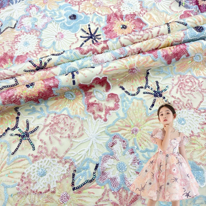 

Luxury Embroidery Flower Sequins Mesh Lace Fabric High Quality African Nigerian Tulle Lace For Sewing Women Party Dresses