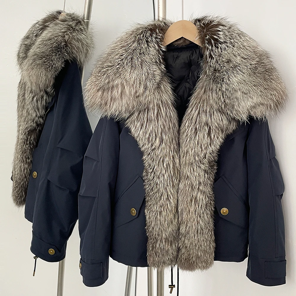 Giacca in pelliccia di realtà Cappotto in piumino d'anatra bianco caldo Donna Autunno Inverno Cappotto in pelliccia di procione naturale spesso Piumino impermeabile Donna