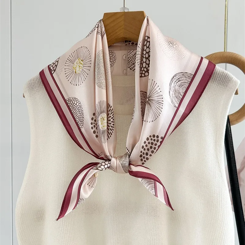 65x65cm 100% MULBERRY SILK Satin Square Scarf Abstract Circle Art Print Neck Scarf Minimalist Burgundy Border Bandana Head Scarf