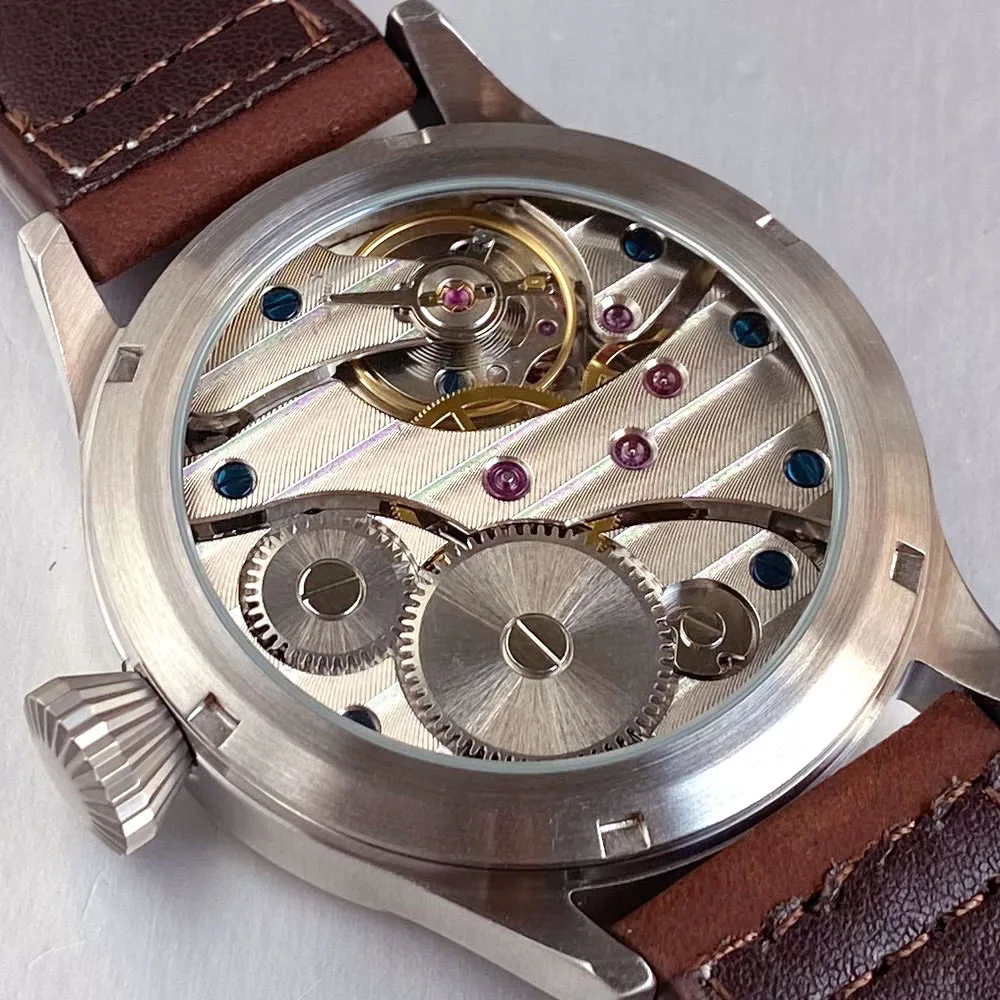 Nuovo orologio meccanico da uomo personalizzato da 43 mm Vetro zaffiro Quadrante nero Movimento a carica manuale Orologio da polso Grande corona con retro in vetro