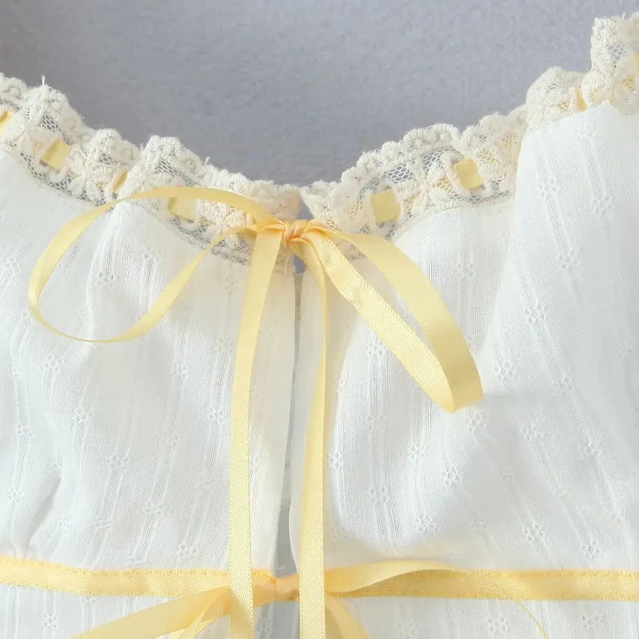 2025 White Spliced Lace Yellow Ribbon Bow Corset Tank Top + Sexy Women Elastic Waist A-line Midi Long Cake Skirt 2 Pieces 1 Set