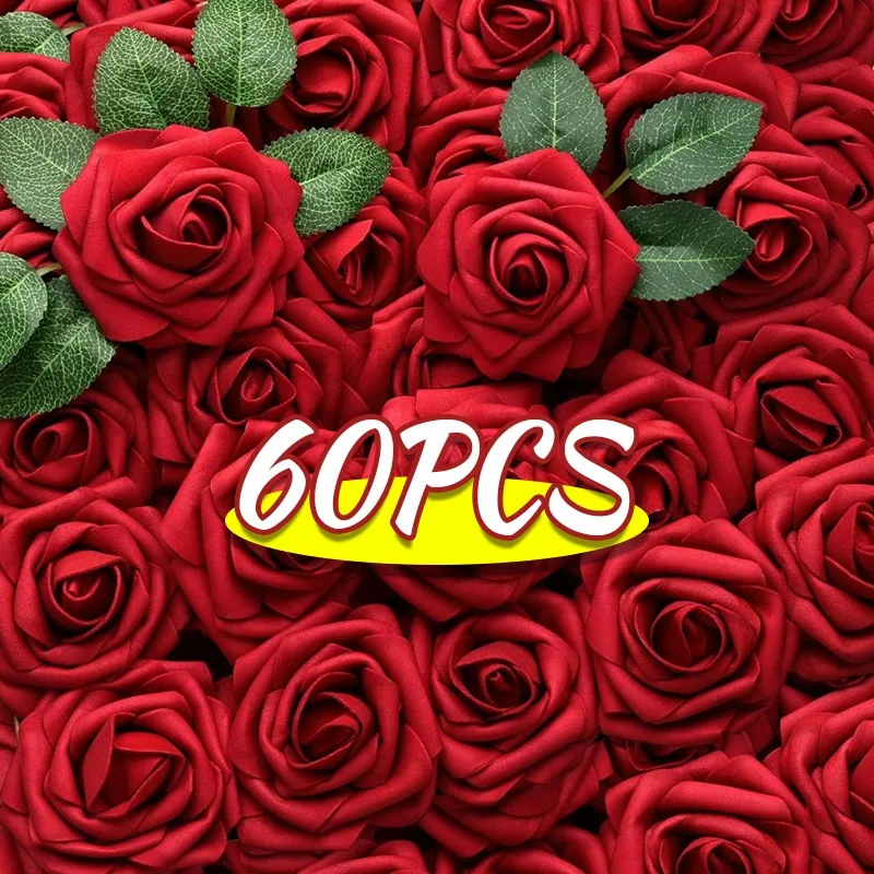 5/60PCS Artificial Velvet Foam Rose Flowers Fake Rose Bouquet for DIY Wedding Bridal Decor Valentine’s Mother’s Day Gift Party