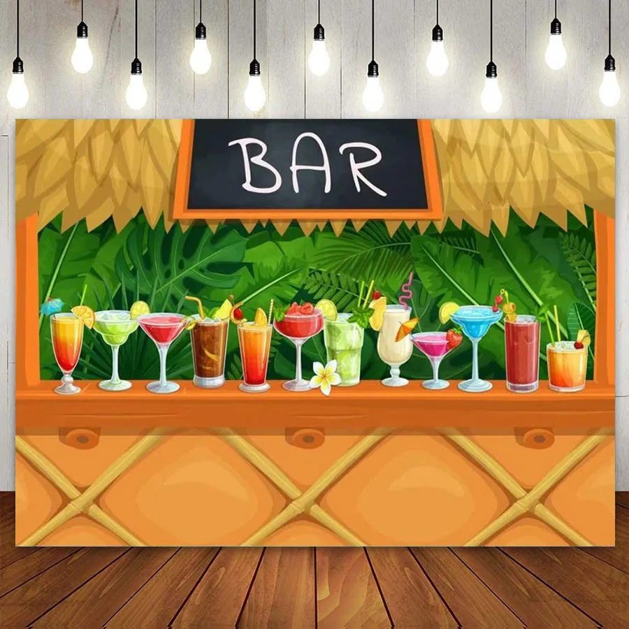 

Photography Backdrop Tropical Tiki Bar Party Sweet Fruit Juice Green Leave Hawaiian Luau Background Event Party Wall Decor Photo