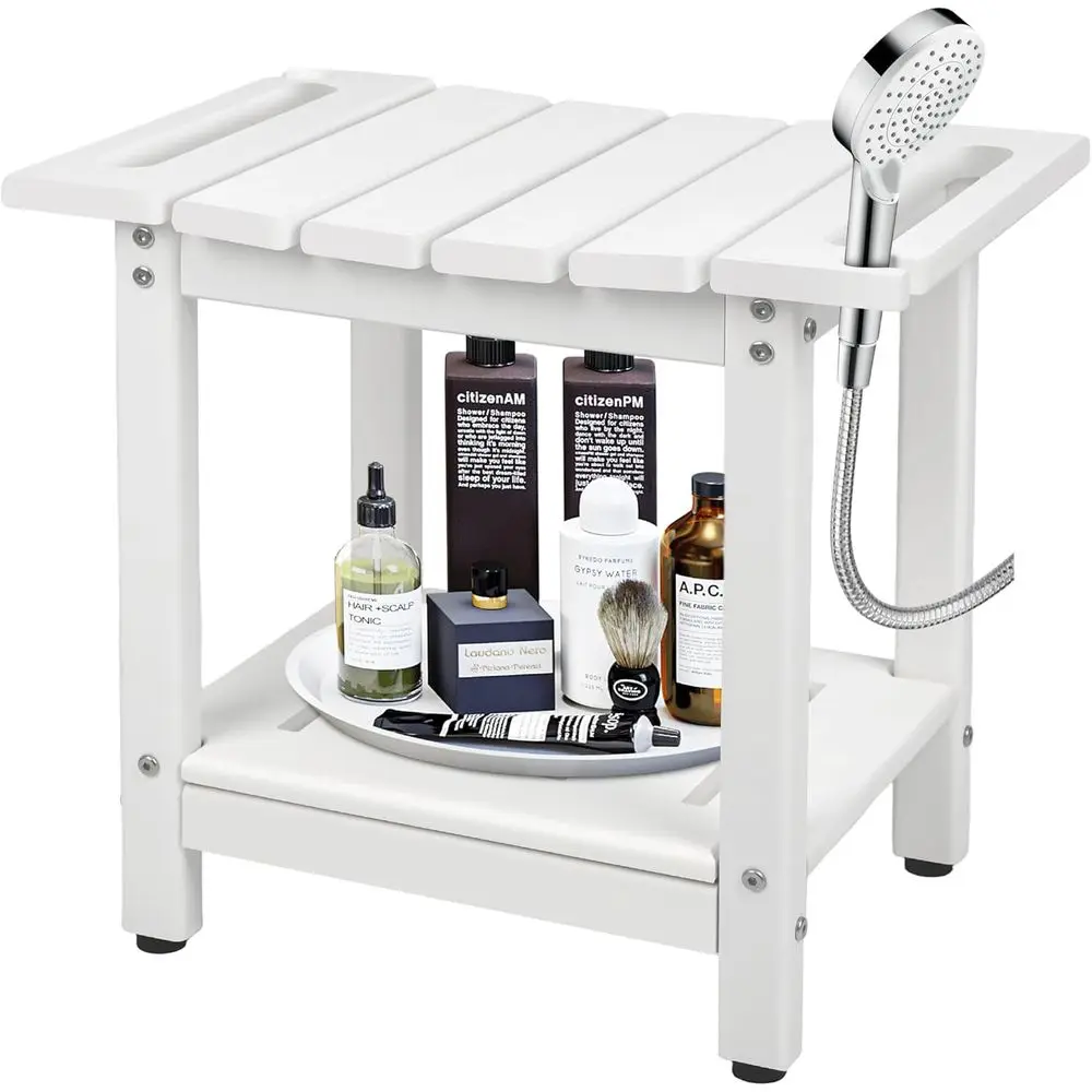 

Прочная нескользящая скамья для душа с регулируемыми ножками и полкой для хранения, белая