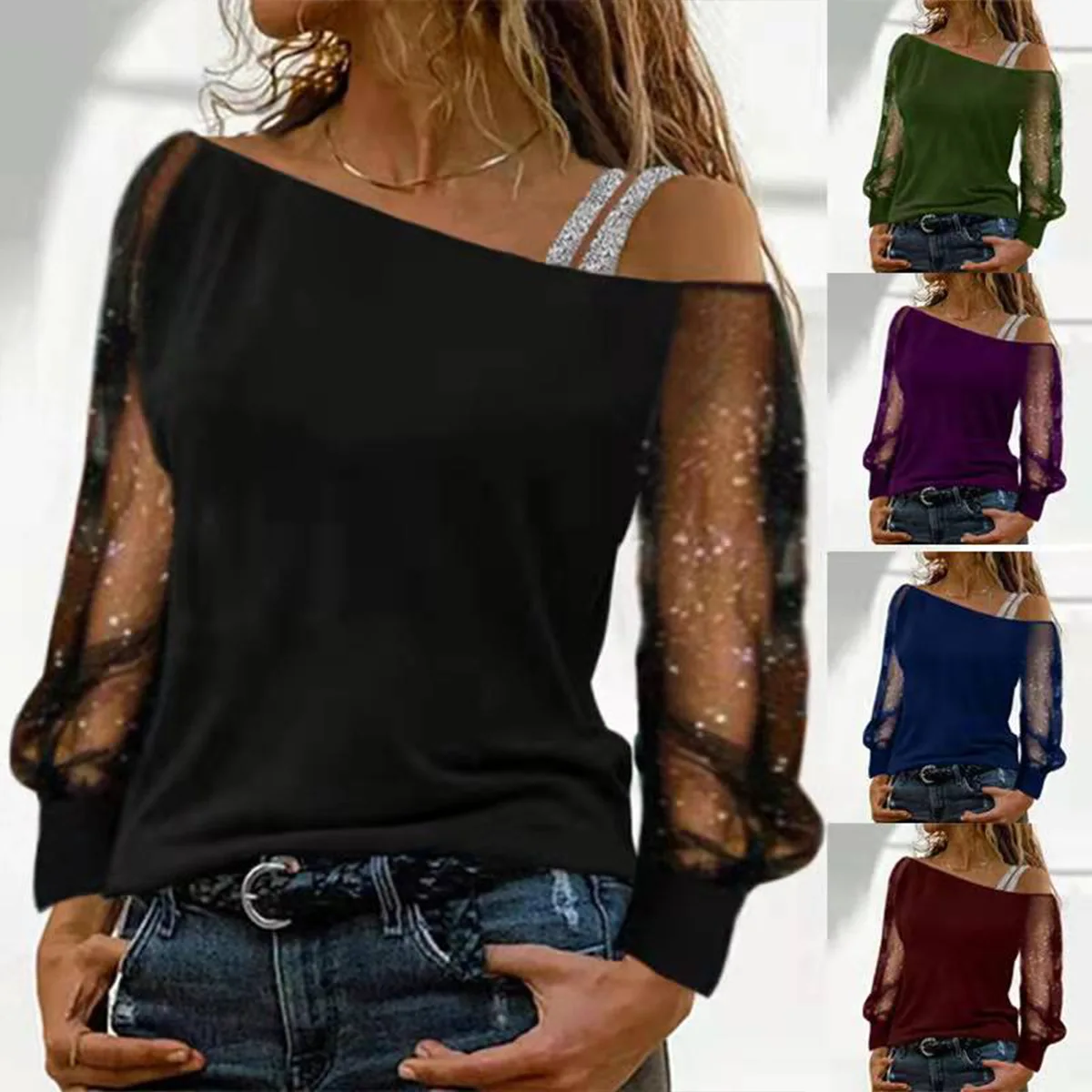 

2025 Women's Long-sleeved T-shirt Mesh Spliced off-shoulder Fashion Top Simple Casual and Versatile Basic Tees