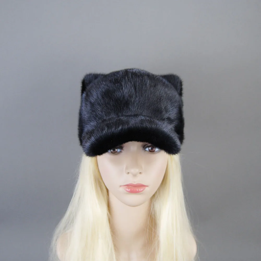 Autumn Winter Hat For Girl Women With Warm Luxury Natural Mink Fur Hat Stylish Design Bonnets Distinctive hat with Tail Ears Cap