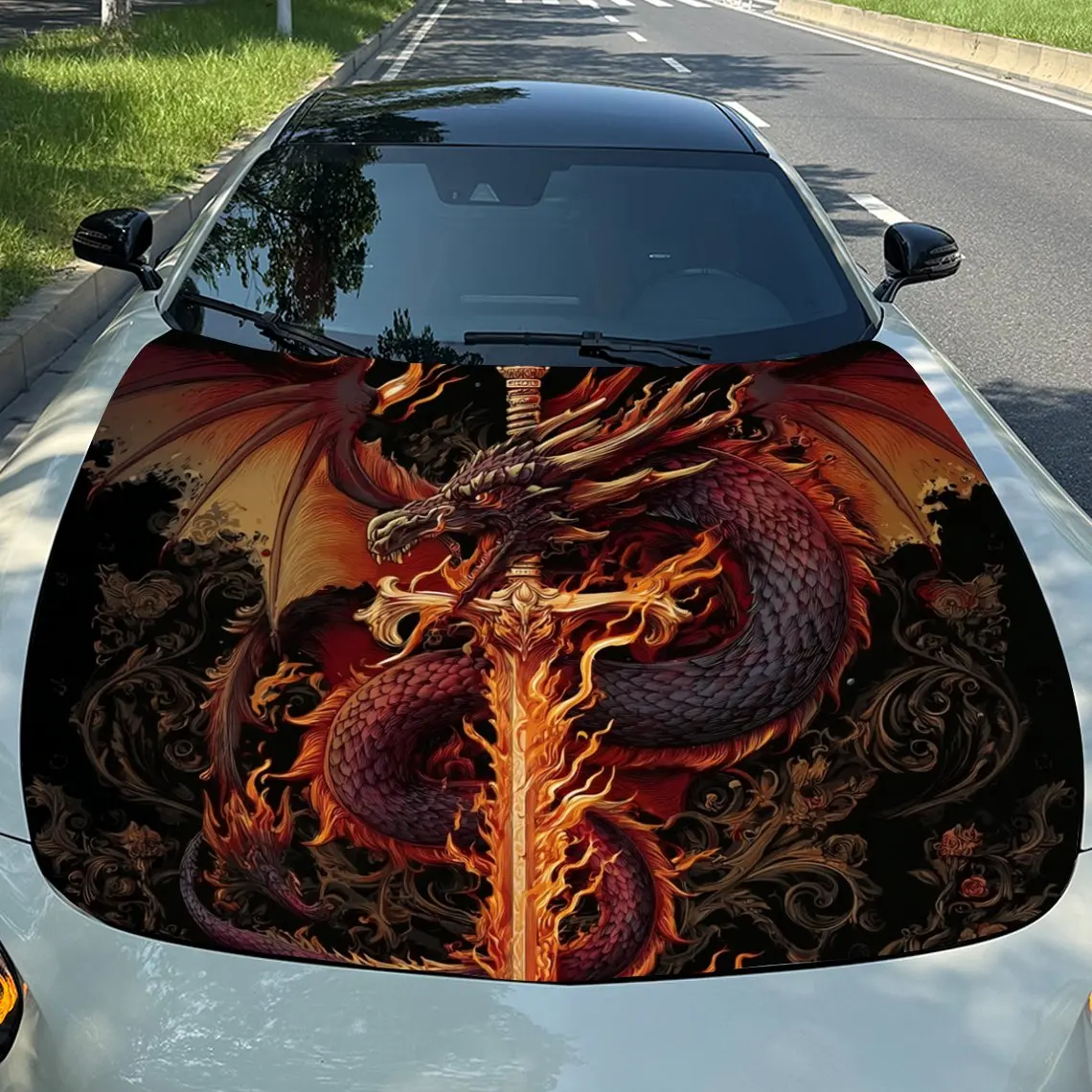 

Holy Sword & Fiery Dragon in Frenzied Flame Trend Realm Car Vinyl Wrap, PVC Material Waterproof Car Hood Sticker, Self-Adhesive