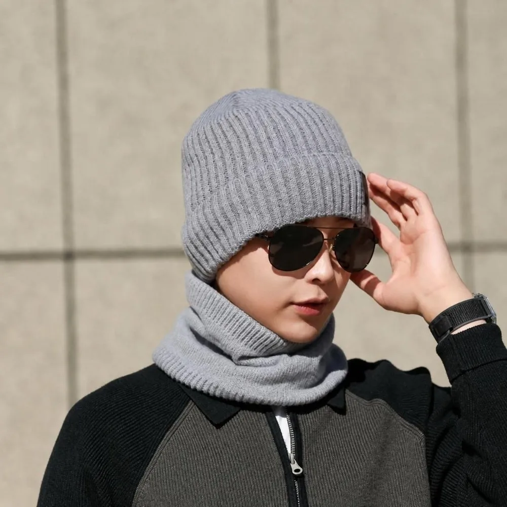 Solid Color Winter Beanie Hat Scarf Windproof Thick Velvet Lining Woolen Winter Hat Warm Soft Large Brim Beanie For Adults