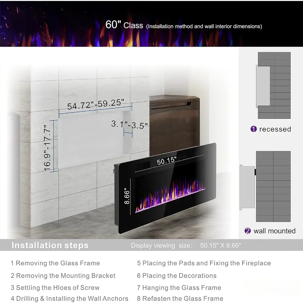 60 inches Electric Fireplace Recessed and Wall Mounted, Fireplace Heater, with Timer, Remote Control, Adjustable Flame Color