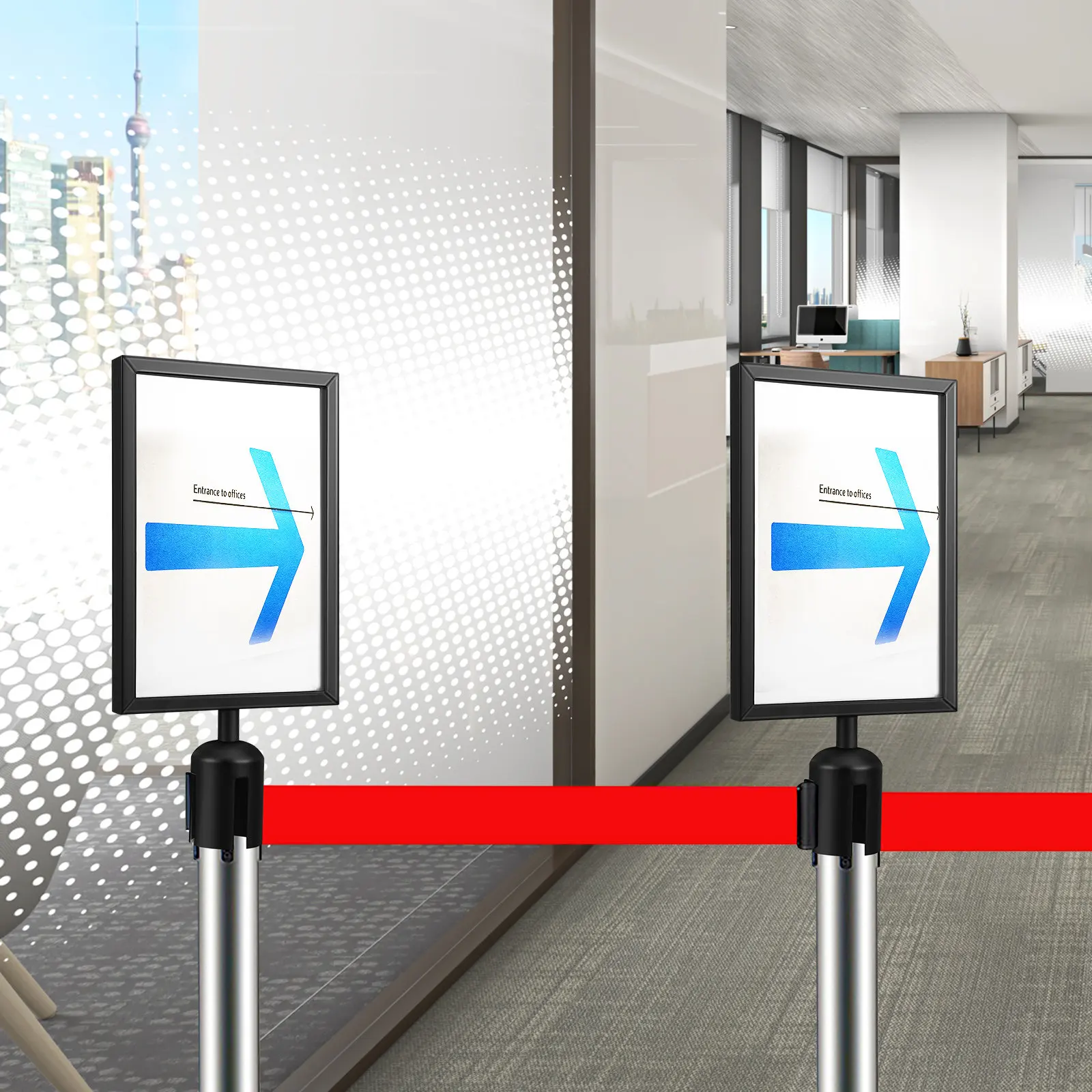stanchion-sign-holder-vertical-a4-portrait-frame-stainless-steel-retractable-belt-queue-barrier-crowd-control-sign-display
