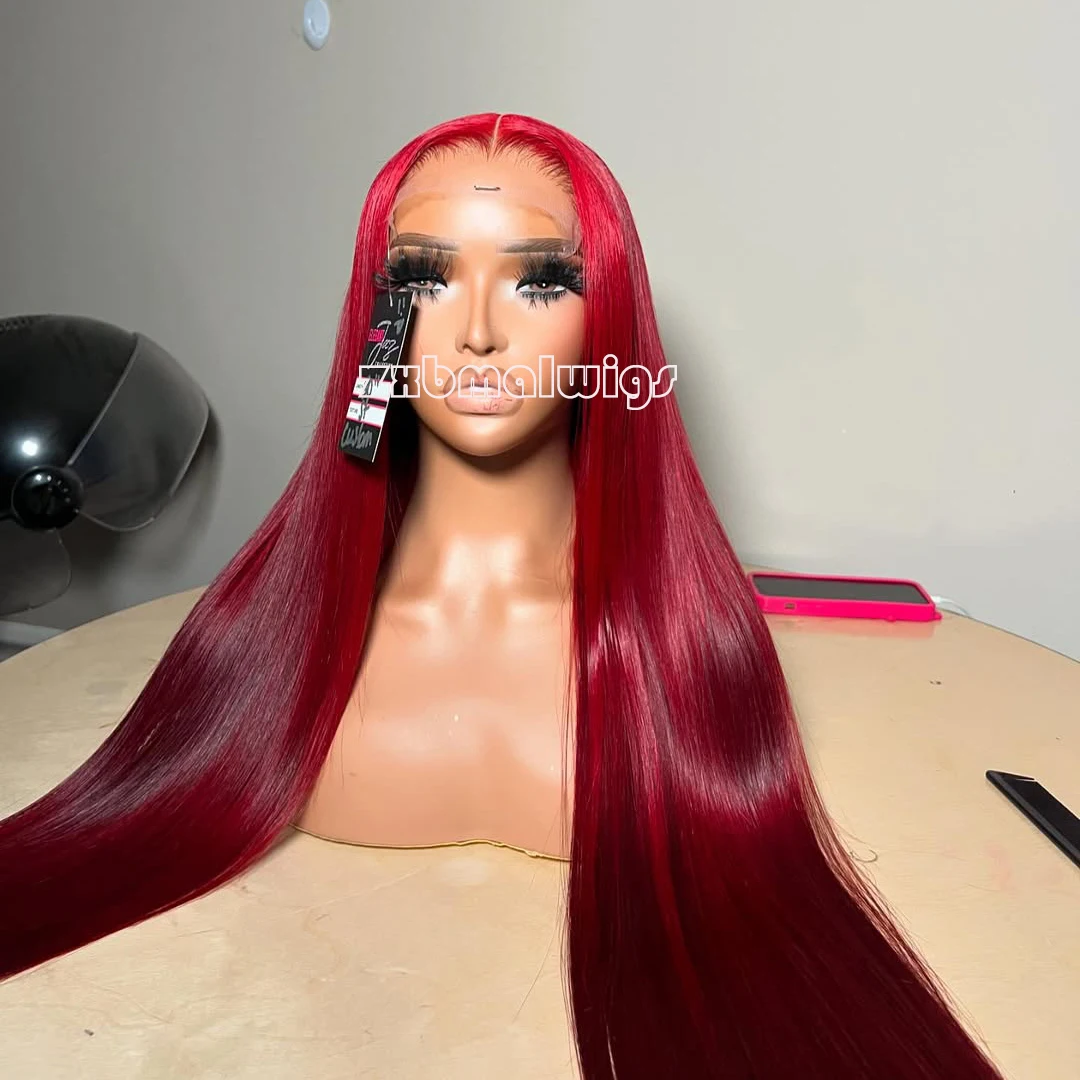 

Синтетический парик с красными прямыми волосами, 13x4, с кружевной передней частью, для женщин, без клея, предварительно прорезанный, для повседневного использования и косплея, из термостойкого волокна