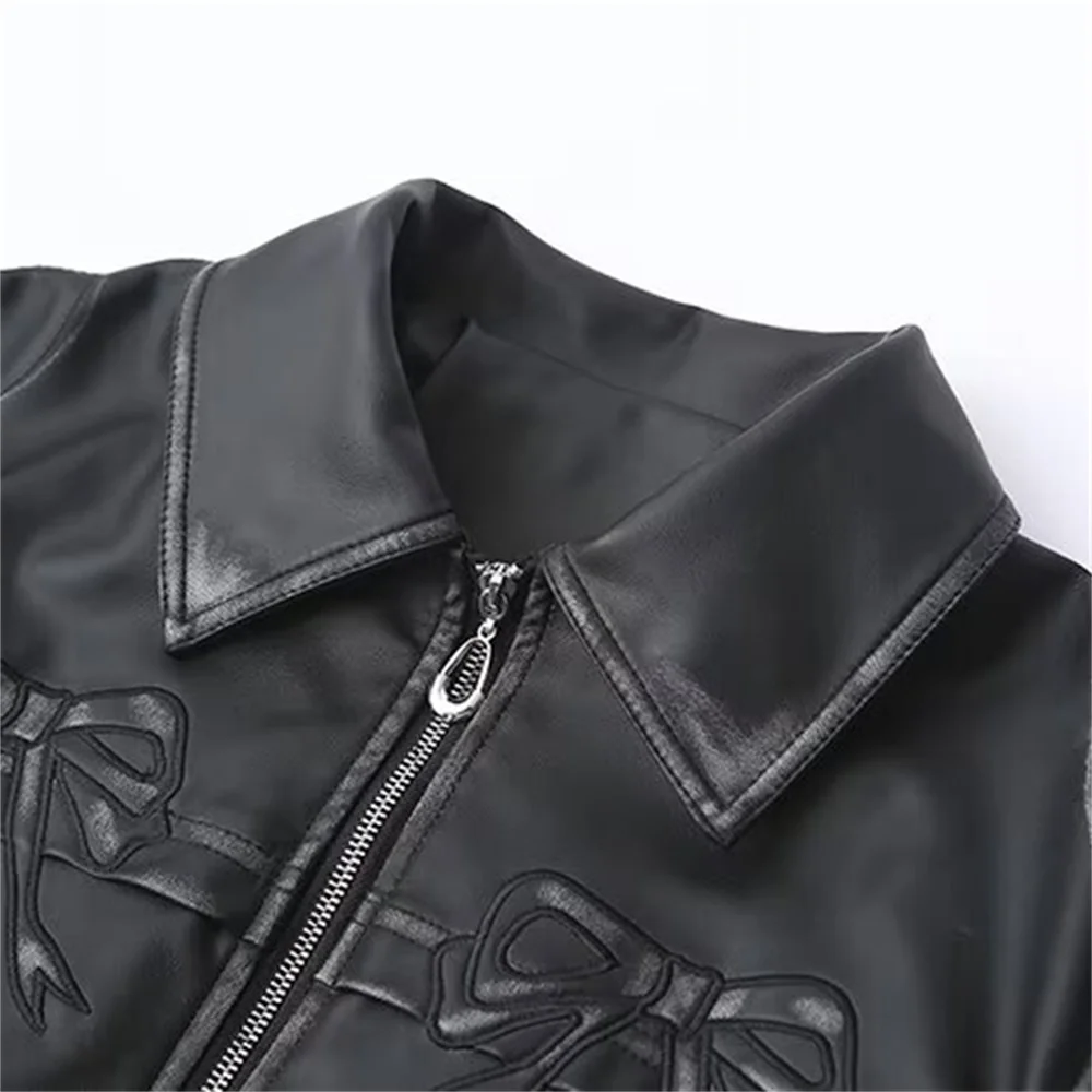 2024ZAR * Spring/Summer New Women\'s Fashion Loose and Versatile Wash and Return Craft Sweet Cool Bow Black Leather Coat