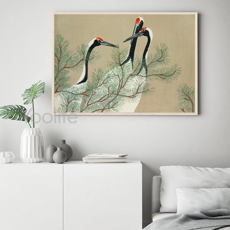 Yellow Birds Crane Print Japanese Oriental Art Prints Coastal Wall Art Canvas Painting Vintage Poster Wall Picture Home Decor