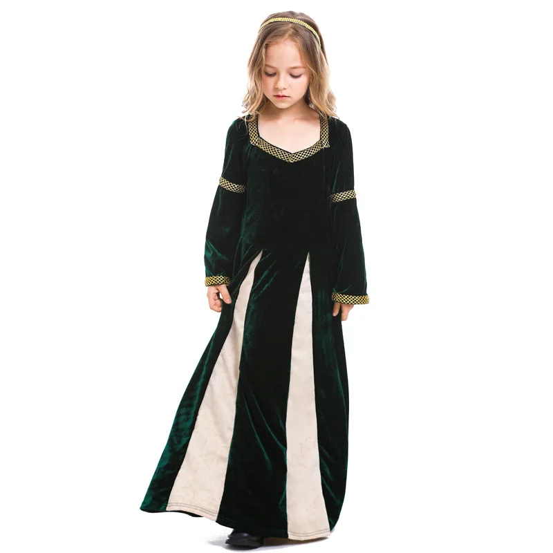 Vestido largo de manga acampanada verde oscuro para niña medieval renacentista, disfraz de escenario de drama de canción y baile para niños