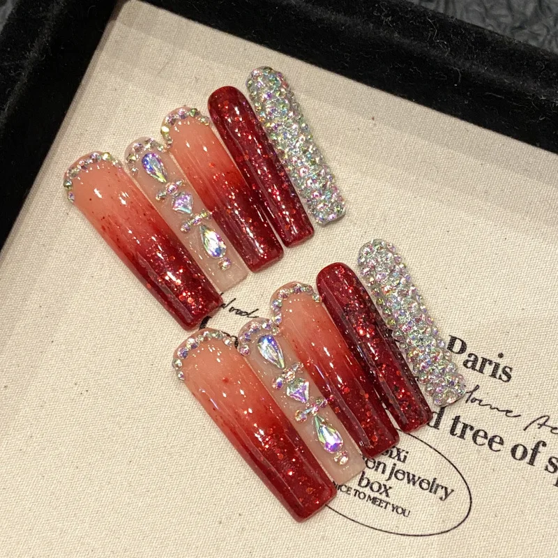 10Pcs Long Water Pipe Handmade Press on Nails Full Cover Red Full Diamond Design Fake Nails Luxurious Wearable Fashion Manicure