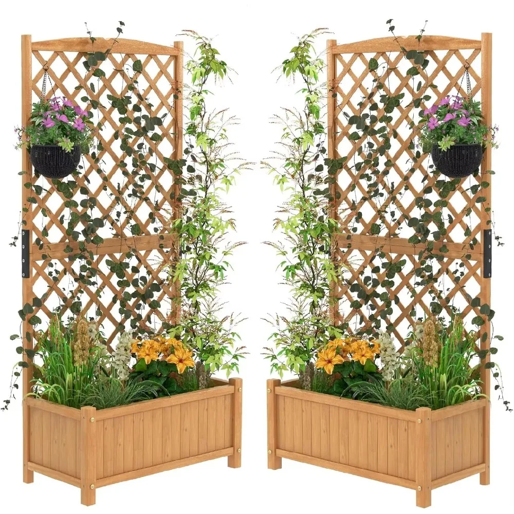 Raised Garden Bed Outdoor Set of 2, 35.5x17.5x71-inch Planter Box with Trellis & Removable Bottom Base, Trellis Planter