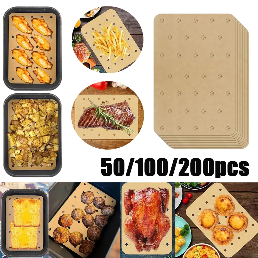 50–200 Stück Luftfritteusen-Papier, Einweg-Einlagen, antihaftbeschichtet, zum Backen, Küche, Backen, Mikrowelle, Grillofen, Fritteusenpapiere, Dampfgarer-Papier