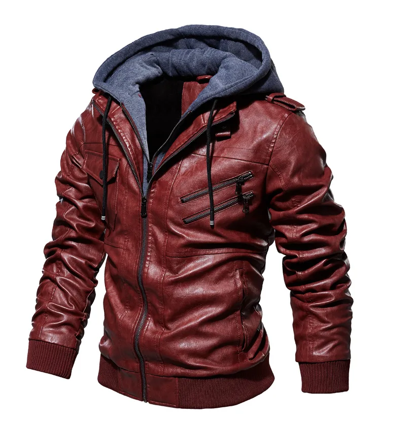 Men's PU Leather Jacket Autumn and Winter Plush Fleece Hooded Coat Casual Outerwear