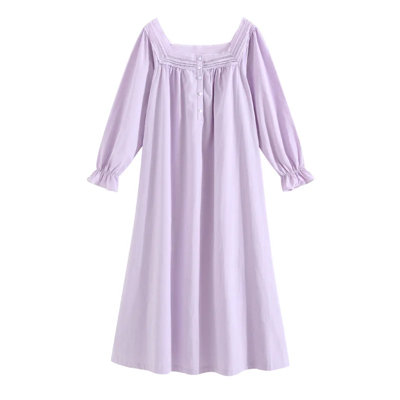 Women Large Size Cotton Nightdress French Lace Square Collar Full Sleeves Nightie Spring Long Ankle-Length Nightgowns Homedress