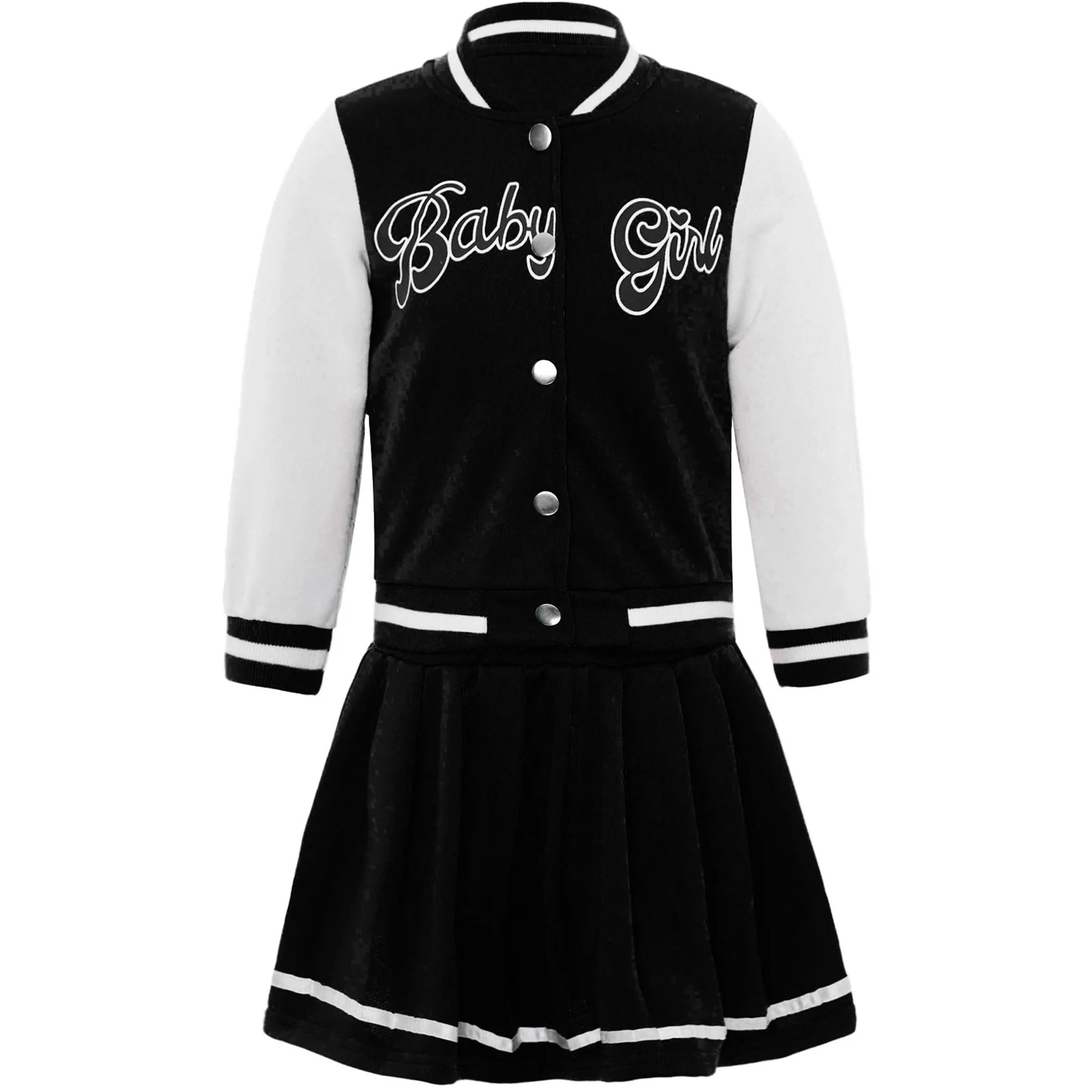 

Kids Girls Spring Autumn Clothes Baseball Jacket Uniform Long Sleeve Button Front Coat Pleated Skirts School Casual Sportswear