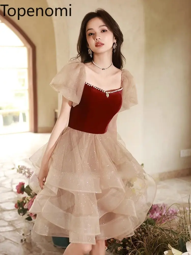 

Topenomi Evening Gown Femme 2024 New Elegant Puff Sleeve Velvet Tulle Waist Quinceanera Party Dress French Fairy Prom Dresses