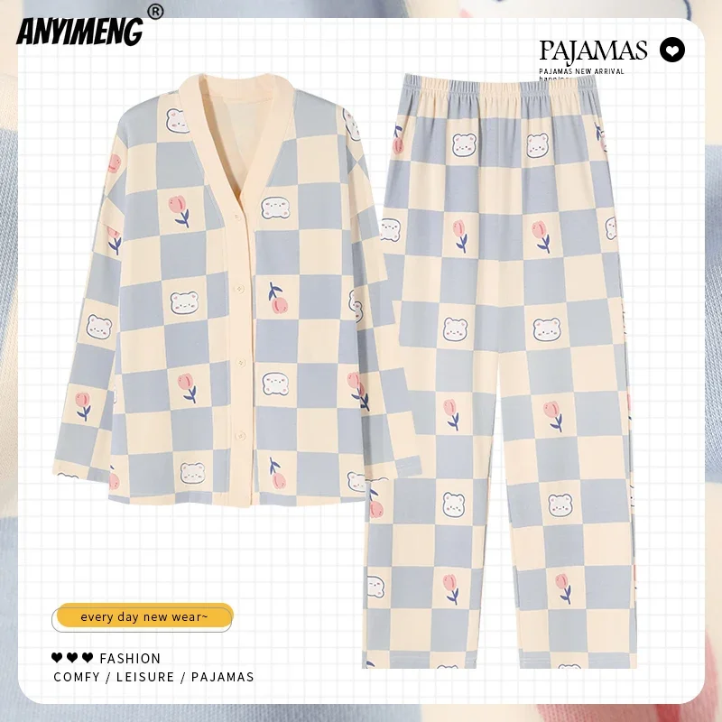 Korean New Faux Cotton Spring Autumn Kimono Women Pajamas Long Sleeves Woman Sleepwear Home Suit Cute Bear Print Pijamas