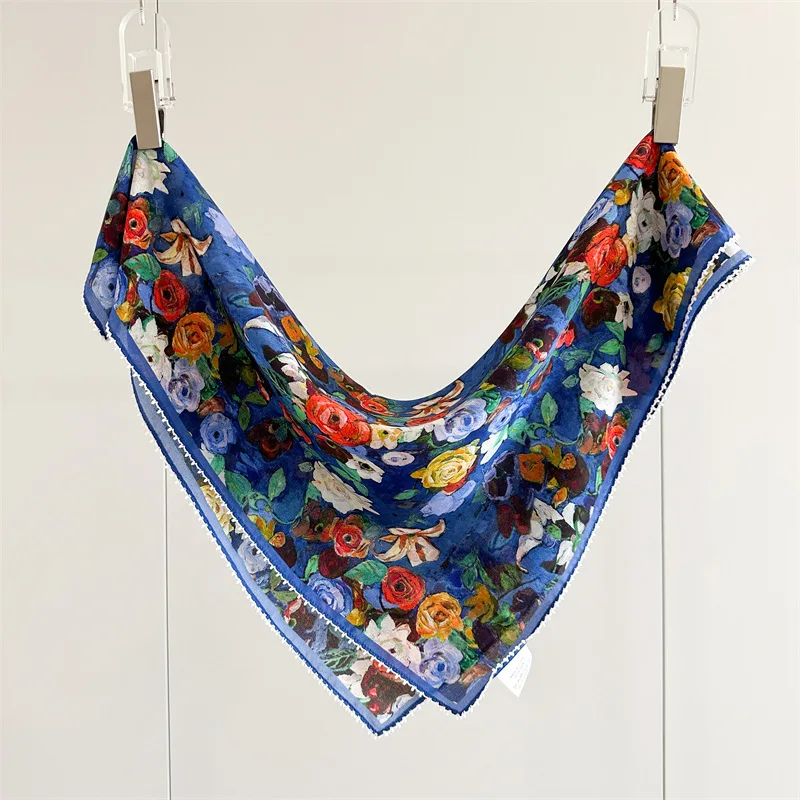 

Women's Floral Print Silk Square Scarf 100% Silk Neck Scarf Blue Flower Bandana Vintage Oil Painting Kerchief for Women
