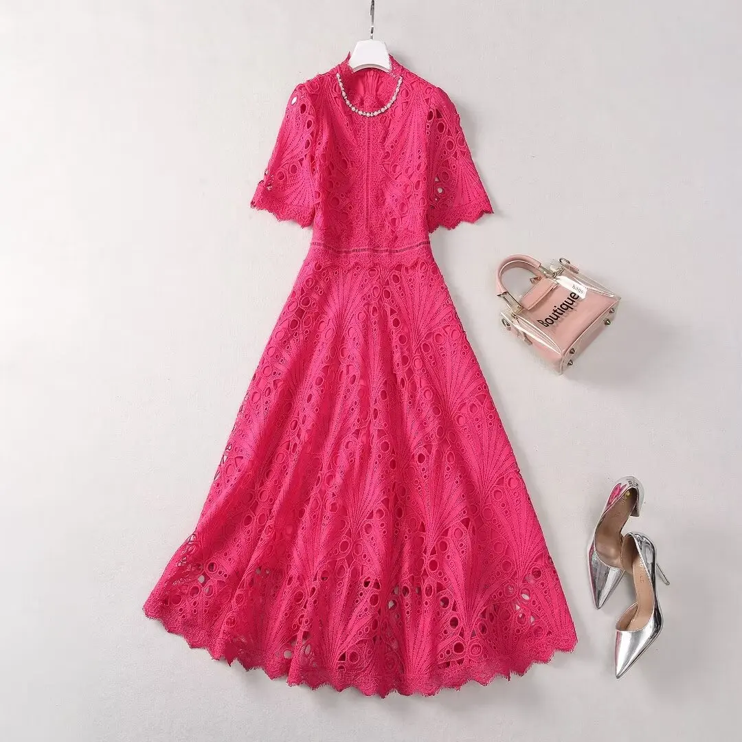 

Europe and the United States women's 2024 summer new Bead on standing collar Five-quarter sleeve hollow embroidery fashion Dress