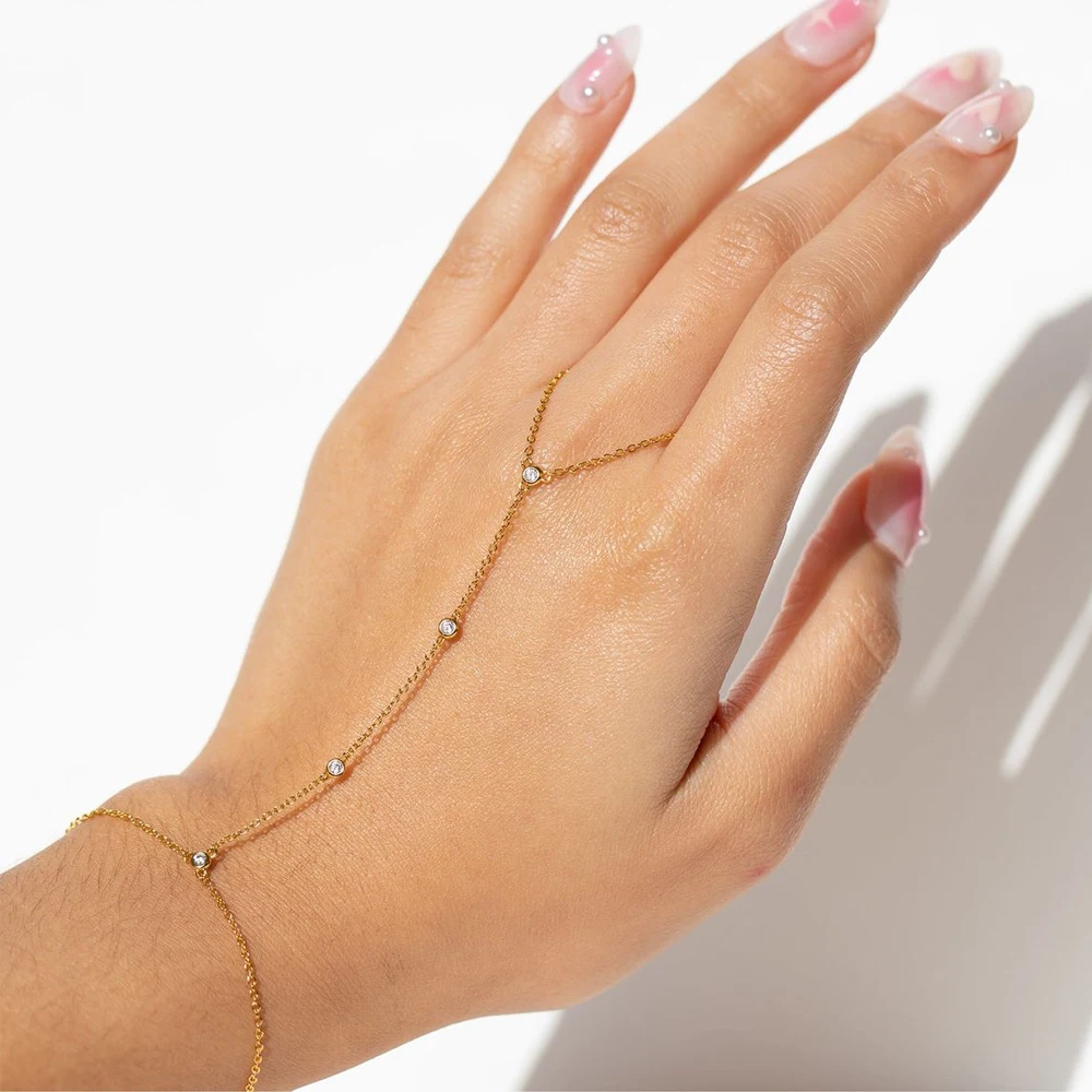 18K Gold plated Stainless Steel Hand Chain Bracelet for Her Zircon Link Ring Bracelet slave Finger Chain Bracelet