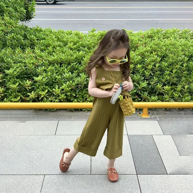 Girls' Suit Summer New Vest+Fashionable Wide-Leg Pants Western Style Jumpsuit Children One Piece Dropshipping