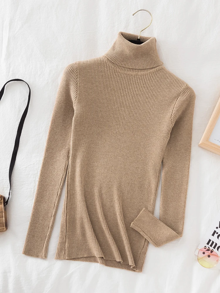 Korean Fashion Turtleneck Women Autumn Winter Pullover Sweater Basic Solid Casual Slim Stretch Ribbed Knitted Top Woman Sweaters