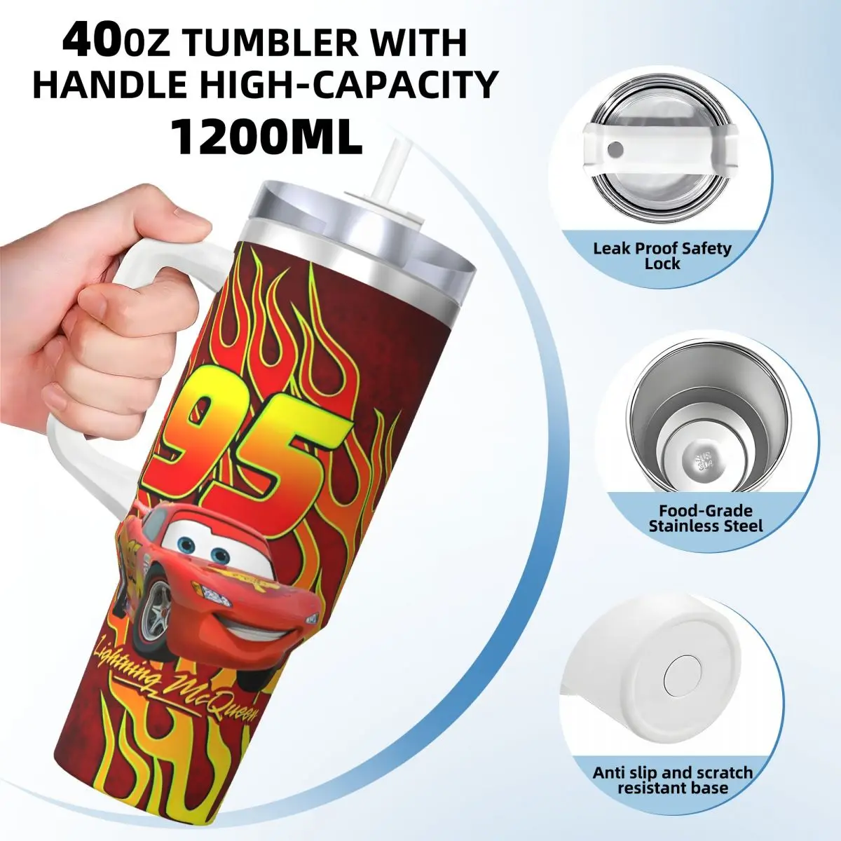 Pixar Lightning McQueen Cars Cartoon Car Mugs With Straws Travelist Cold Drink Water Bottle Portable 40oz Thermal Cups