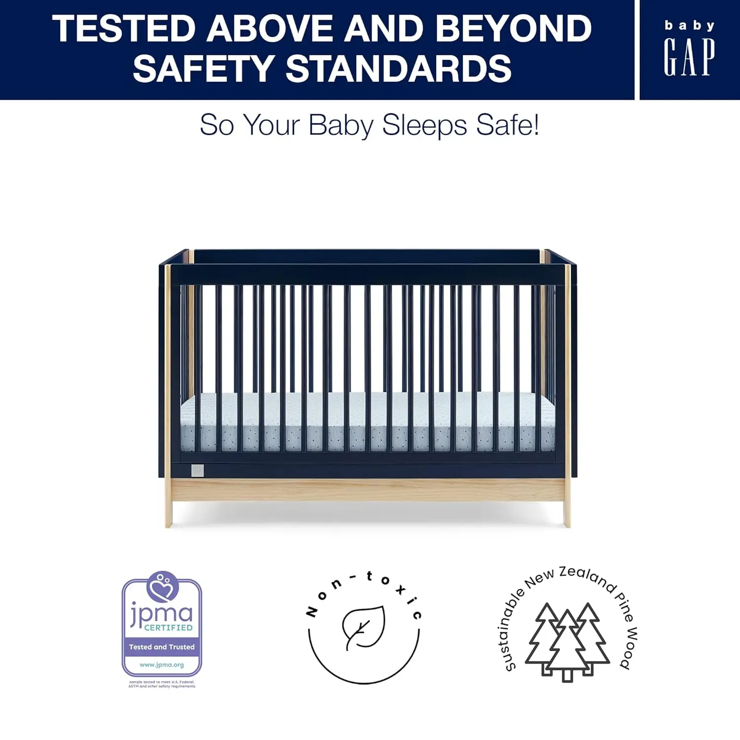 GAP babyGap Tate 4-in-1 boks bayi konvertibel bersertifikasi emas, biru laut/alami