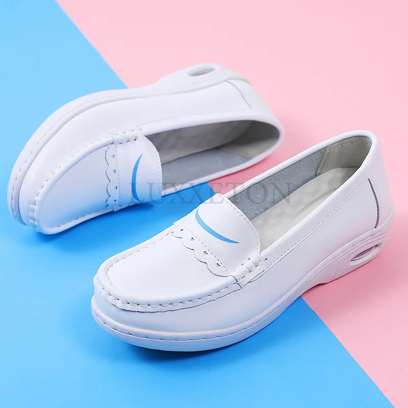 Air Cushion Nurse Shoes for Women Soft Soled Comfortable Non Slip Mid Heel Hollow Medical Work White Shoes