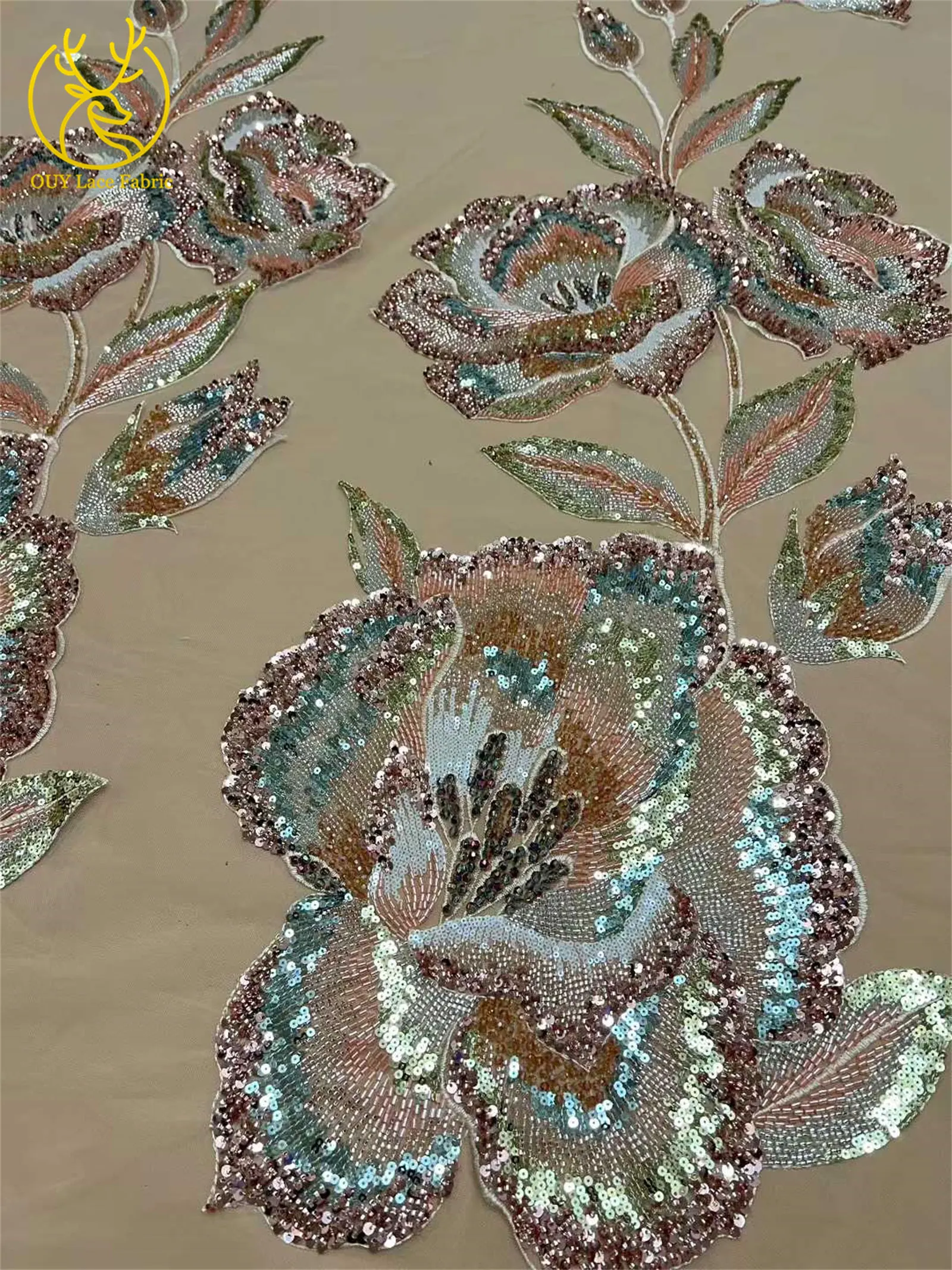 Nigeria Große Blumen Perlen-Spitzenstoff 2026 Luxuriöser Afrikanischer Spitzenstoff 5 Yards Französischer Pailletten-Spitzenstoff für Party- und Abendkleider – Detail 13