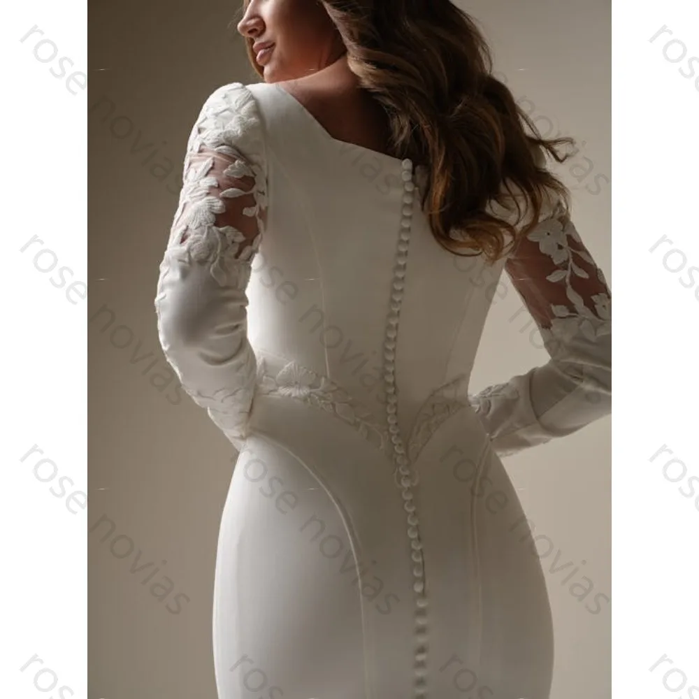 Vestidos de Noiva Brancos Personalizados em Crepe com Decote Redondo de Alta Qualidade para Eventos Formais com Apliques Estilo Sereia para Comprimento de Chão para Festas